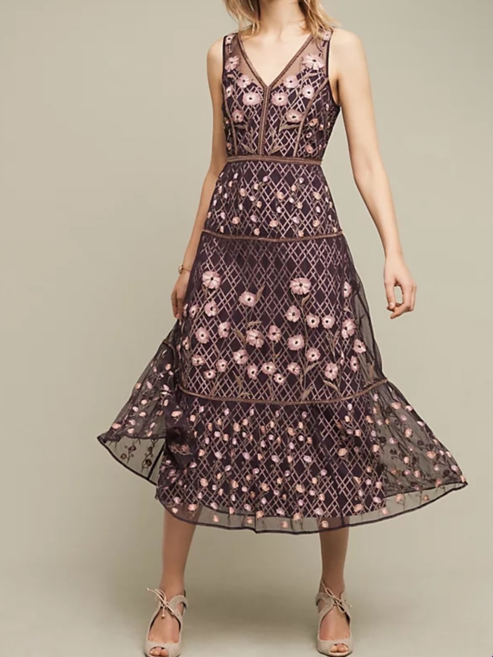 Anthropologie Moulinette Soeurs Pink Floral Embroidery beaded purple Midi Dress